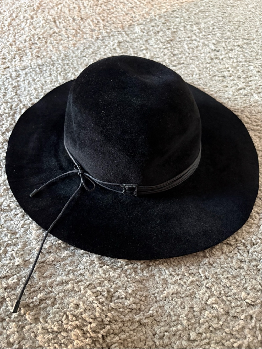 Helen Kaminski Black Wide-Brim Felt Hat with Leather Tie